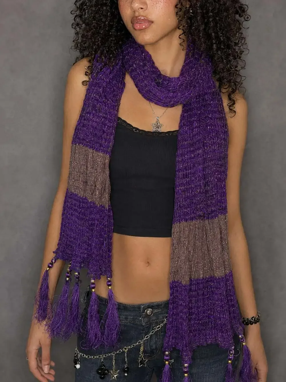 Metallic Thread Purple and Gold Crinkle Tassel Scarf